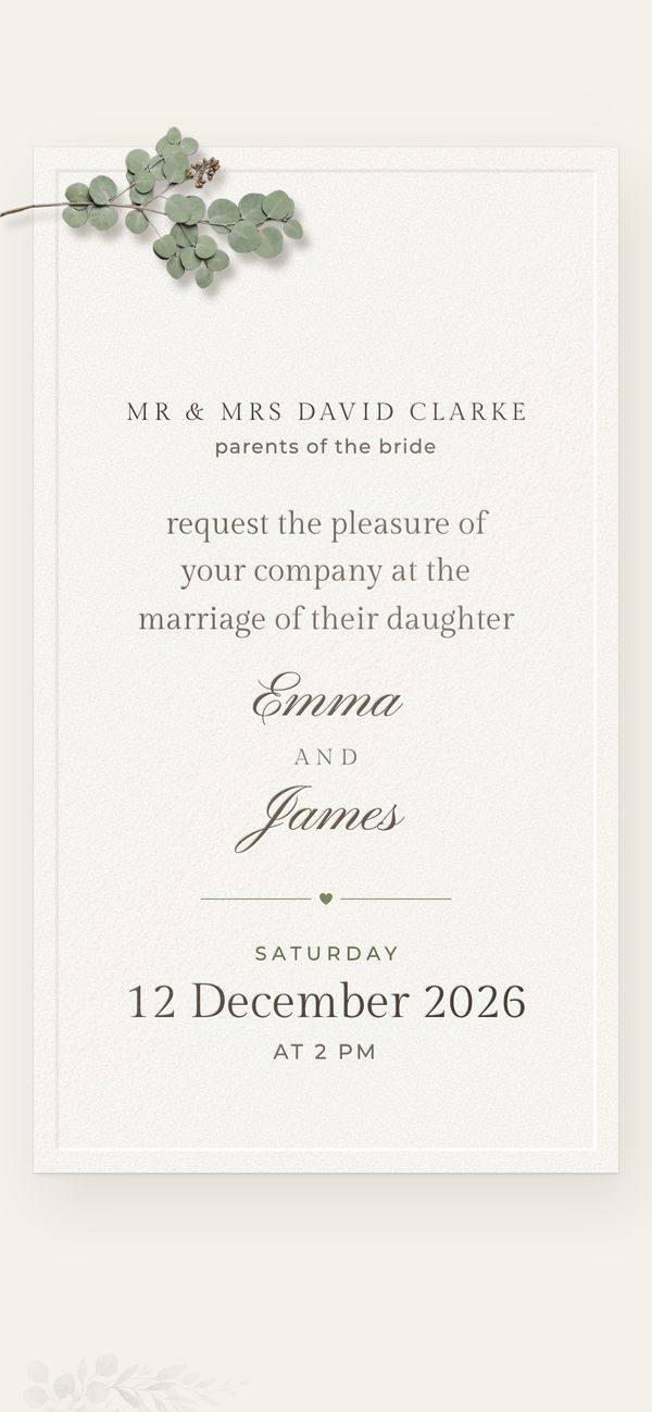 Sample: the invitation card, with the bride’s parents’ welcome, the couple’s names and the date