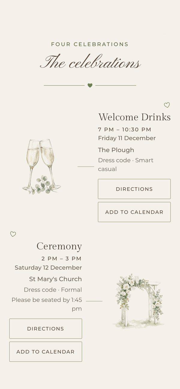 Sample: a list of events with directions and calendar buttons