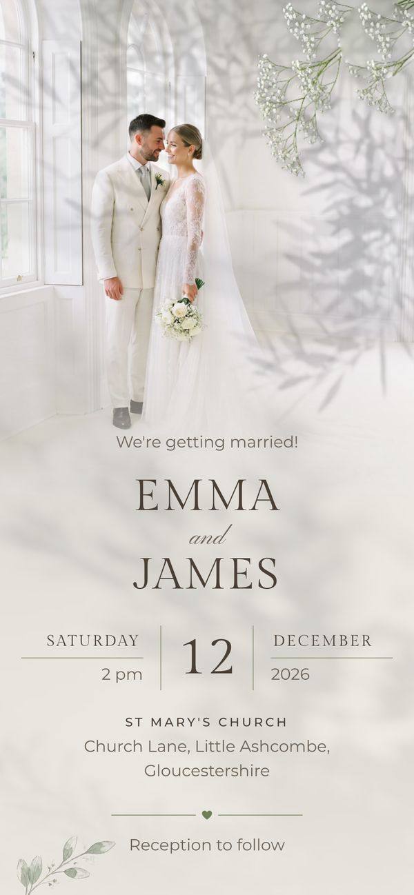 Sample: a wedding invitation open on the couple’s photo, with the names Emma and James and the date
