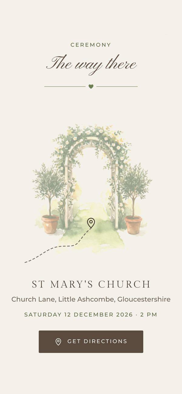 Sample: the venue page, St Mary’s Church, with its address and a Get directions button